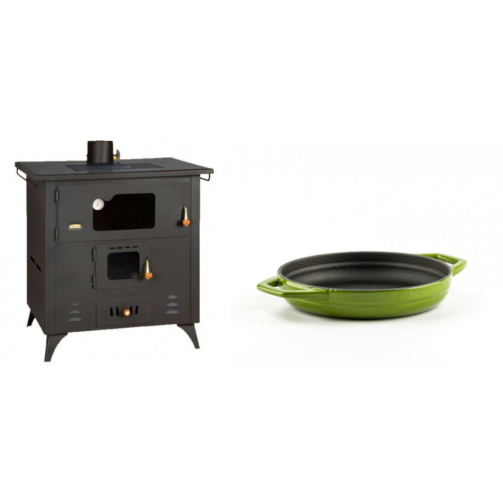 Set Küchenofen / Küchenhexe Prity mit Backofen und Kochplatte, Modell 1P50R, Leistung 14 kW, Füße + Emaillierte gusseisenpfanne mit zwei Griffen Solagio, Bamboo, Ф16cm