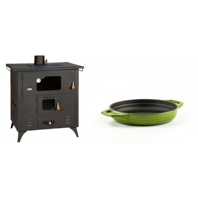 Set Küchenofen / Küchenhexe Prity mit Backofen und Kochplatte, Modell 1P50R, Leistung 14 kW, Füße + Emaillierte gusseisenpfanne mit zwei Griffen Solagio, Bamboo, Ф16cm - Kaminofen - Holzofen mit Backfach