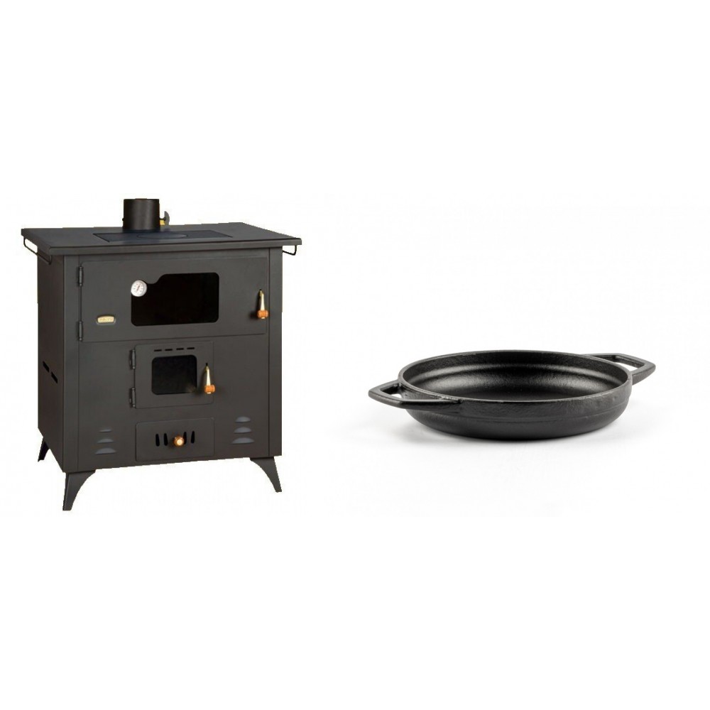 Set Küchenofen / Küchenhexe Prity mit Backofen und Kochplatte, Modell 1P50R, Leistung 14 kW, Füße + Emaillierte gusseisenpfanne mit zwei Griffen Solagio, Black Onyx, Ф16cm | Kaminofen - Holzofen mit Backfach | Prity |