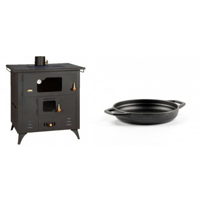 Set Küchenofen / Küchenhexe Prity mit Backofen und Kochplatte, Modell 1P50R, Leistung 14 kW, Füße + Emaillierte gusseisenpfanne mit zwei Griffen Solagio, Black Onyx, Ф16cm - Kaminofen - Holzofen mit Backfach