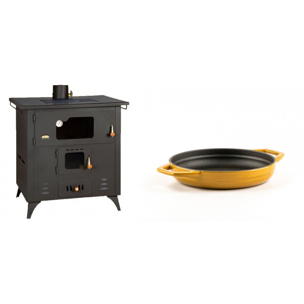 Set Küchenofen / Küchenhexe Prity mit Backofen und Kochplatte, Modell 1P50R, Leistung 14 kW, Füße + Emaillierte gusseisenpfanne mit zwei Griffen Solagio, Dijon, Ф16cm