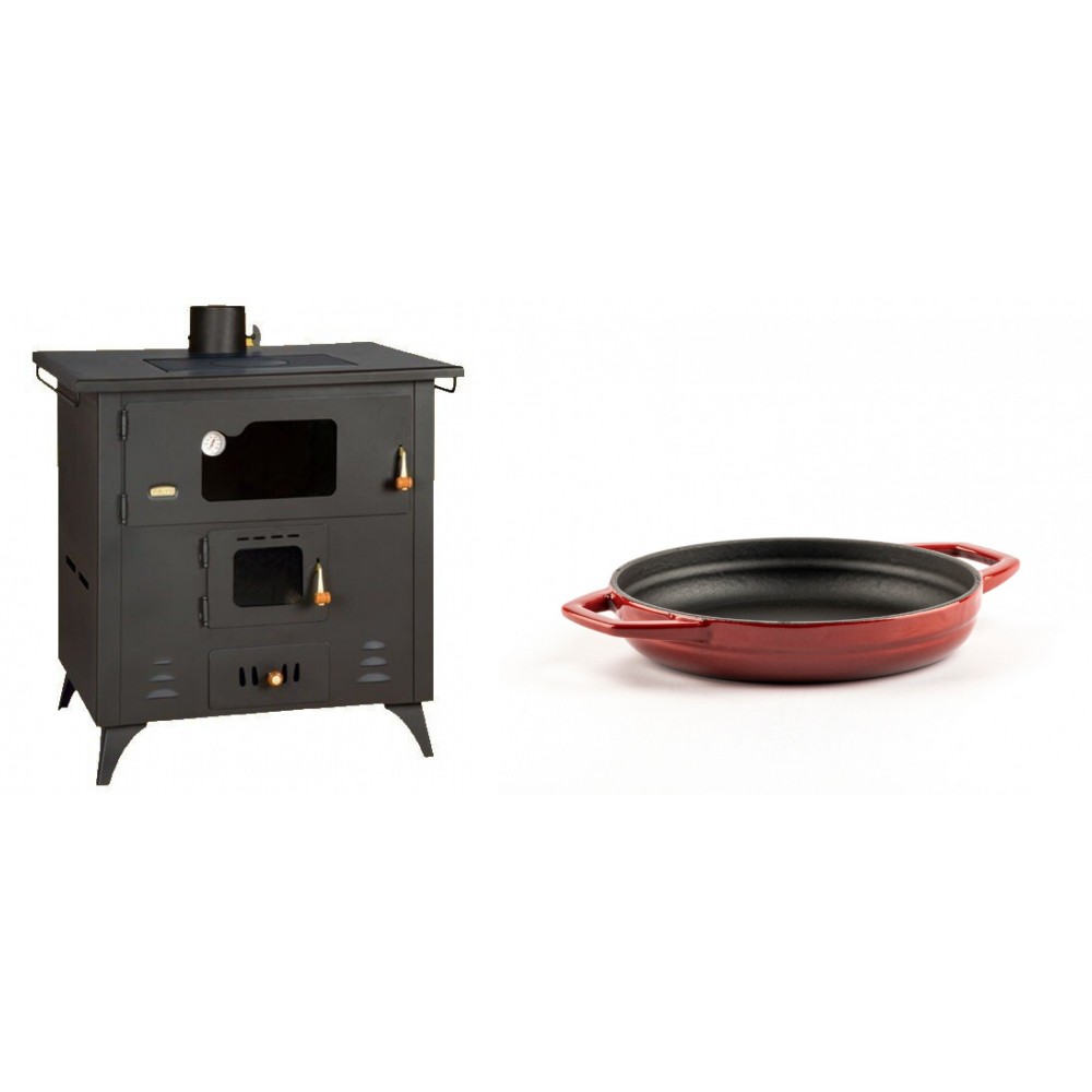 Set Küchenofen / Küchenhexe Prity mit Backofen und Kochplatte, Modell 1P50R, Leistung 14 kW, Füße + Emaillierte gusseisenpfanne mit zwei Griffen Solagio, Rubin, Ф16cm