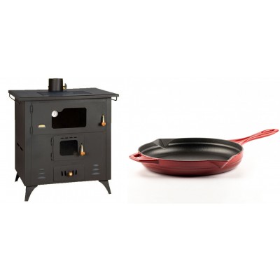 Set Küchenofen / Küchenhexe Prity mit Backofen und Kochplatte, Modell 1P50R, Leistung 14 kW, Füße + Emaillierte Gusseisenpfanne Solagio, Rubin, Ф28cm - Kaminofen - Holzofen mit Backfach