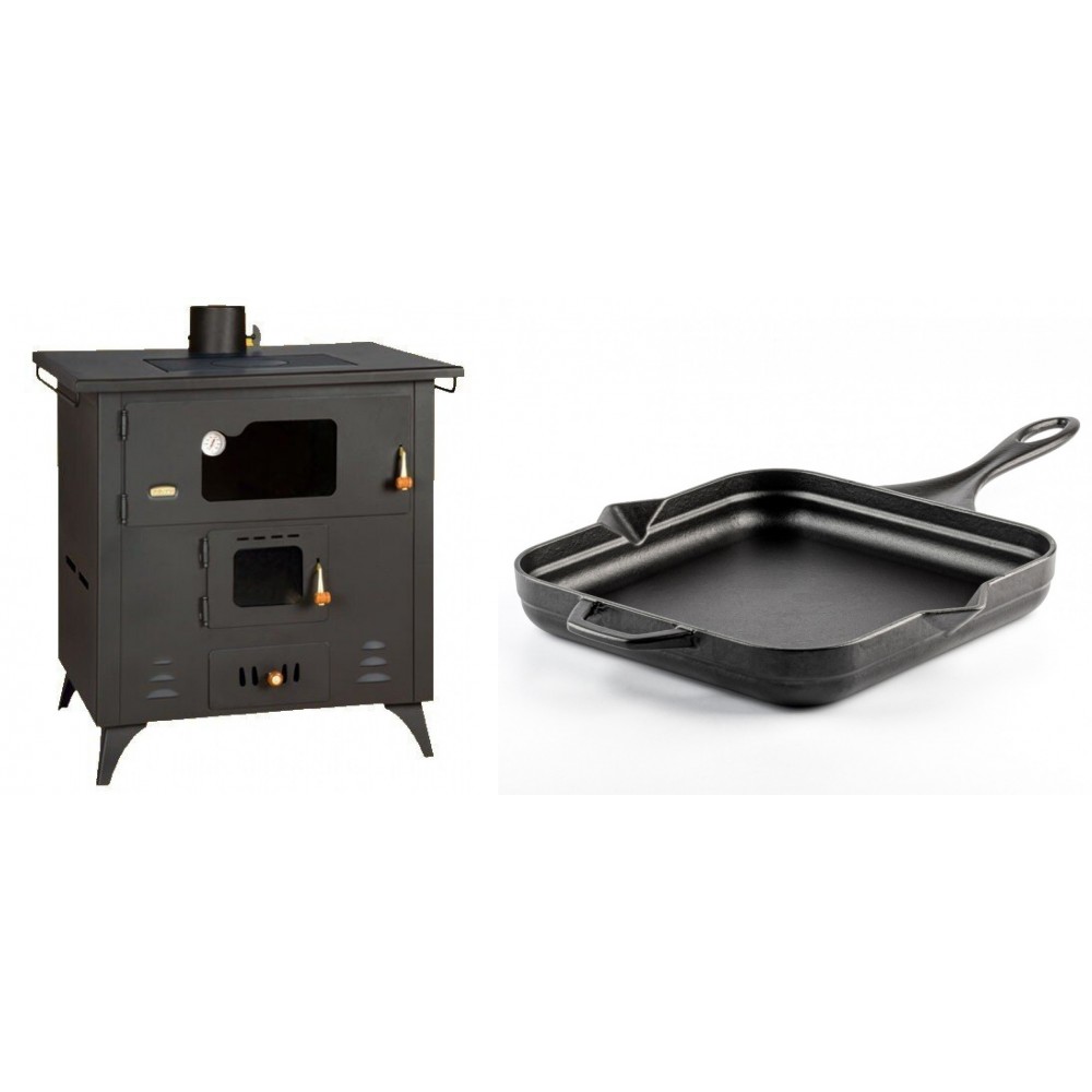 Set Küchenofen / Küchenhexe Prity mit Backofen und Kochplatte, Modell 1P50R, Leistung 14 kW, Füße + Emaillierte Gusseisenpfanne Solagio, Black Onyx, 28x28cm | Kaminofen - Holzofen mit Backfach | Prity |