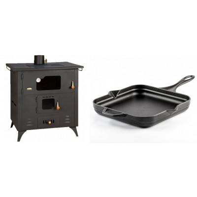 Set Küchenofen / Küchenhexe Prity mit Backofen und Kochplatte, Modell 1P50R, Leistung 14 kW, Füße + Emaillierte Gusseisenpfanne Solagio, Black Onyx, 28x28cm - Kaminofen - Holzofen mit Backfach