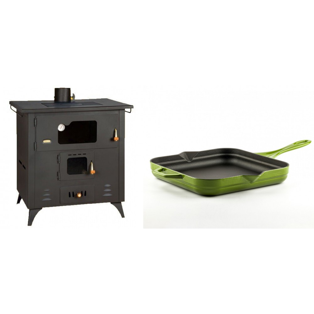 Set Küchenofen / Küchenhexe Prity mit Backofen und Kochplatte, Modell 1P50R, Leistung 14 kW, Füße + Emaillierte Gusseisenpfanne Solagio, Bamboo, 28x28cm | Kaminofen - Holzofen mit Backfach | Prity |