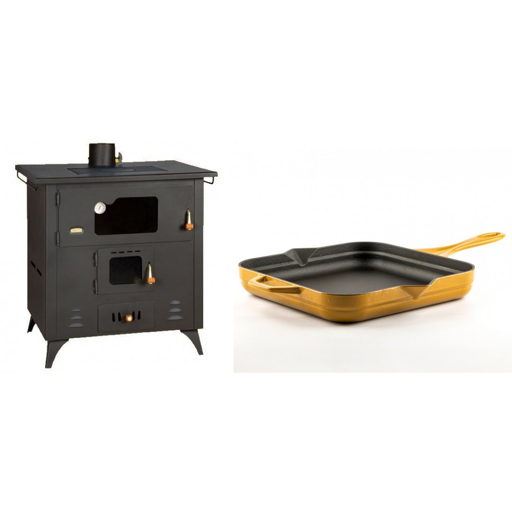 Set Küchenofen / Küchenhexe Prity mit Backofen und Kochplatte, Modell 1P50R, Leistung 14 kW, Füße + Emaillierte Gusseisenpfanne Solagio, Dijon, 28x28cm | Kaminofen - Holzofen mit Backfach | Prity |