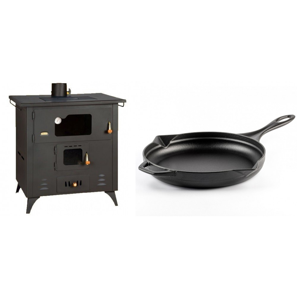 Set Küchenofen / Küchenhexe Prity mit Backofen und Kochplatte, Modell 1P50R, Leistung 14 kW, Füße + Emaillierte Gusseisenpfanne Solagio, Black Onyx, Ф28cm