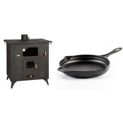 Set Küchenofen / Küchenhexe Prity mit Backofen und Kochplatte, Modell 1P50R, Leistung 14 kW, Füße + Emaillierte Gusseisenpfanne Solagio, Black Onyx, Ф28cm - Kaminofen - Holzofen mit Backfach