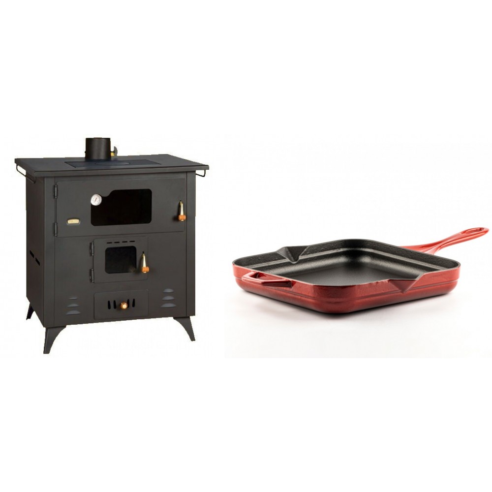 Set Küchenofen / Küchenhexe Prity mit Backofen und Kochplatte, Modell 1P50R, Leistung 14 kW, Füße + Emaillierte Gusseisenpfanne Solagio, Rubin, 28x28cm