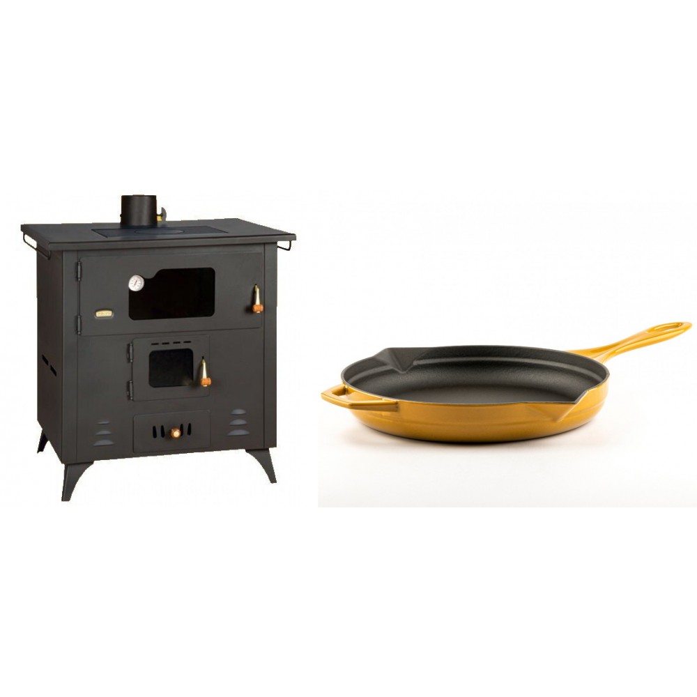 Set Küchenofen / Küchenhexe Prity mit Backofen und Kochplatte, Modell 1P50R, Leistung 14 kW, Füße + Emaillierte Gusseisenpfanne Solagio, Dijon, Ф28cm | Kaminofen - Holzofen mit Backfach | Prity |