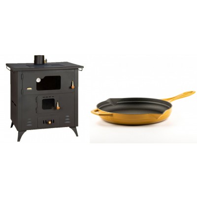 Set Küchenofen / Küchenhexe Prity mit Backofen und Kochplatte, Modell 1P50R, Leistung 14 kW, Füße + Emaillierte Gusseisenpfanne Solagio, Dijon, Ф28cm - Kaminofen - Holzofen mit Backfach