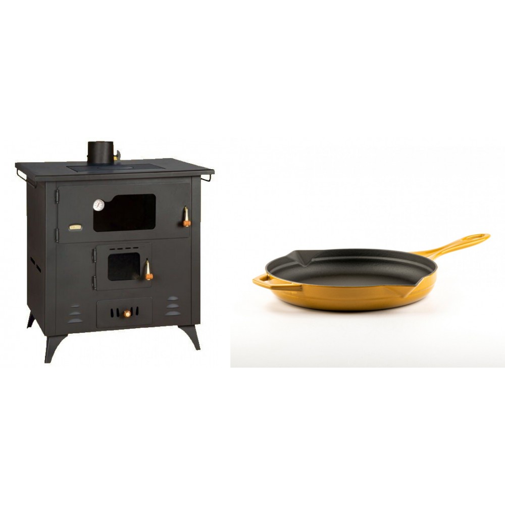 Set Küchenofen / Küchenhexe Prity mit Backofen und Kochplatte, Modell 1P50R, Leistung 14 kW, Füße + Emaillierte Gusseisenpfanne Solagio, Dijon, Ф24cm | Kaminofen - Holzofen mit Backfach | Prity |