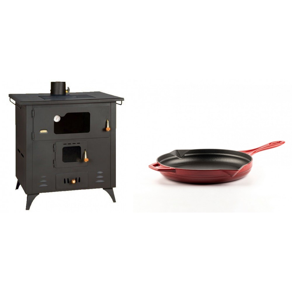 Set Küchenofen / Küchenhexe Prity mit Backofen und Kochplatte, Modell 1P50R, Leistung 14 kW, Füße + Emaillierte Gusseisenpfanne Solagio, Rubin, Ф24cm