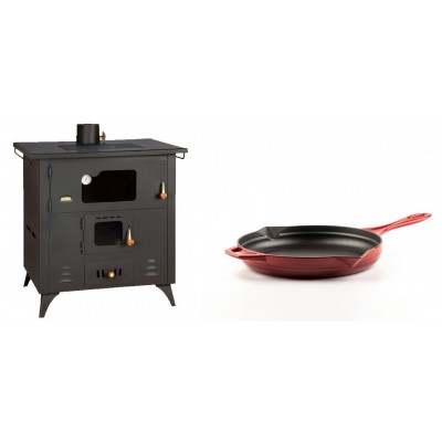 Set Küchenofen / Küchenhexe Prity mit Backofen und Kochplatte, Modell 1P50R, Leistung 14 kW, Füße + Emaillierte Gusseisenpfanne Solagio, Rubin, Ф24cm - Kaminofen - Holzofen mit Backfach