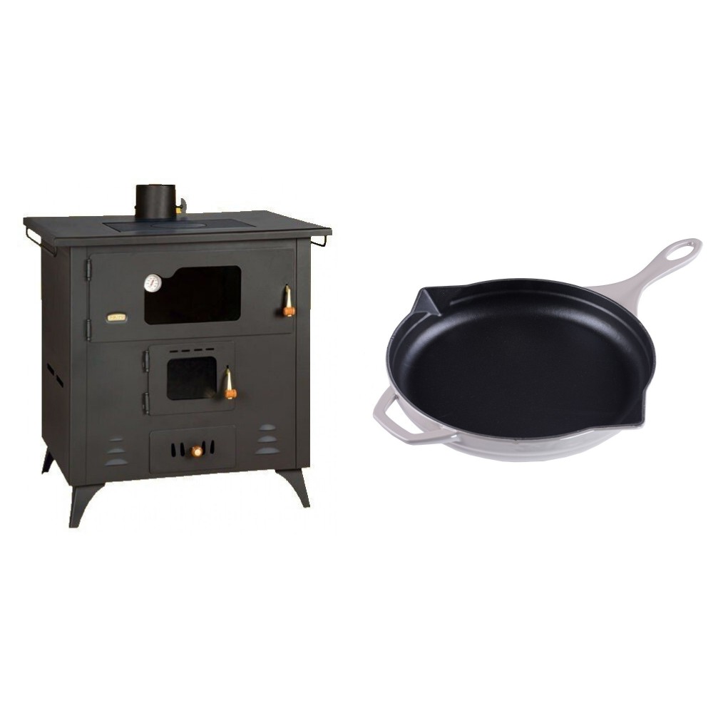 Set Küchenofen / Küchenhexe Prity mit Backofen und Kochplatte, Modell 1P50R, Leistung 14 kW, Füße + Emaillierte Gusseisenpfanne Solagio, Ivory, Ф28cm