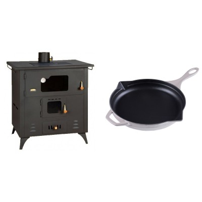 Set Küchenofen / Küchenhexe Prity mit Backofen und Kochplatte, Modell 1P50R, Leistung 14 kW, Füße + Emaillierte Gusseisenpfanne Solagio, Ivory, Ф28cm - Kaminofen - Holzofen mit Backfach