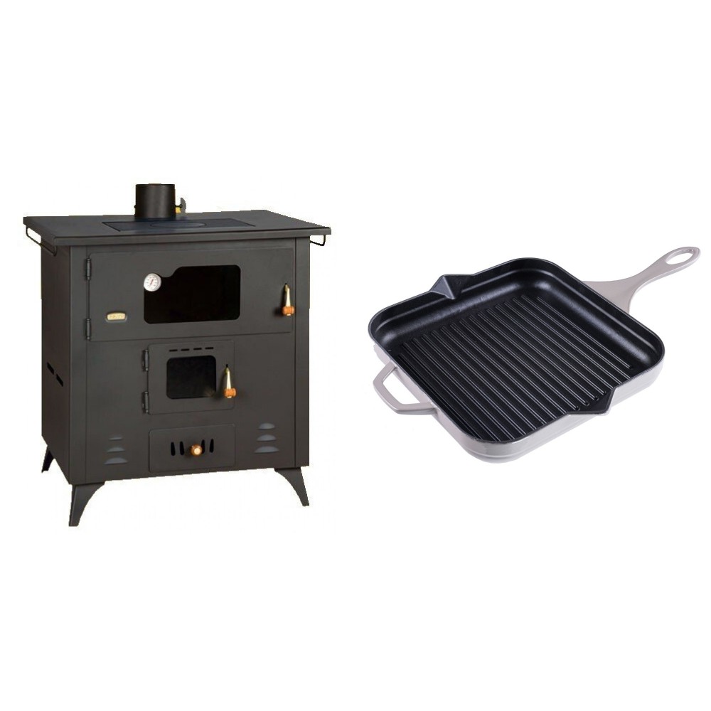 Set Küchenofen / Küchenhexe Prity mit Backofen und Kochplatte, Modell 1P50R, Leistung 14 kW, Füße + Emaillierte grillpfanne Gusseisen Solagio, Ivory, 28x28cm