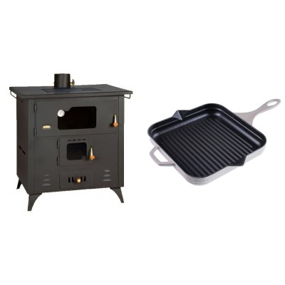 Set Küchenofen / Küchenhexe Prity mit Backofen und Kochplatte, Modell 1P50R, Leistung 14 kW, Füße + Emaillierte grillpfanne Gusseisen Solagio, Ivory, 28x28cm - Kaminofen - Holzofen mit Backfach