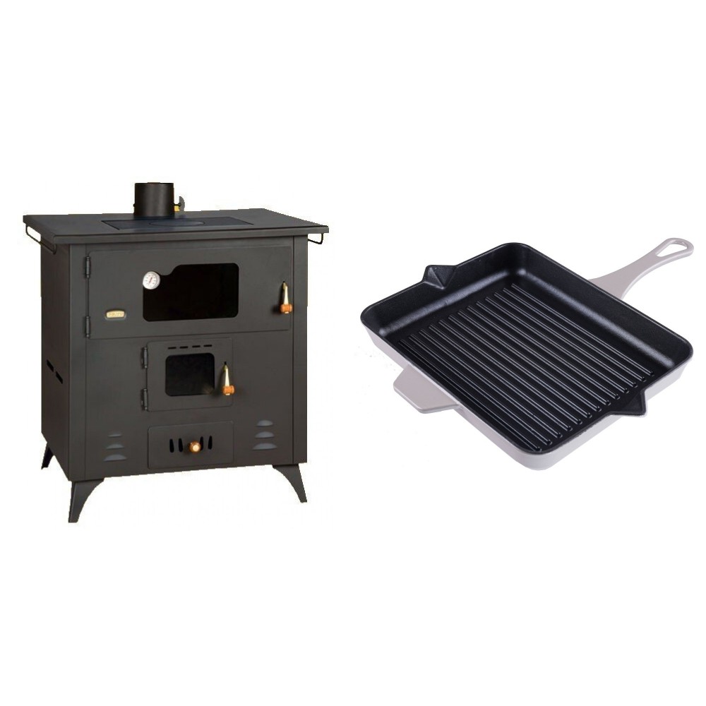 Set Küchenofen / Küchenhexe Prity mit Backofen und Kochplatte, Modell 1P50R, Leistung 14 kW, Füße + Emaillierte grillpfanne Gusseisen Solagio, Ivory, 26x32cm