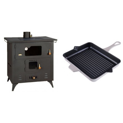 Set Küchenofen / Küchenhexe Prity mit Backofen und Kochplatte, Modell 1P50R, Leistung 14 kW, Füße + Emaillierte grillpfanne Gusseisen Solagio, Ivory, 26x32cm - Kaminofen - Holzofen mit Backfach