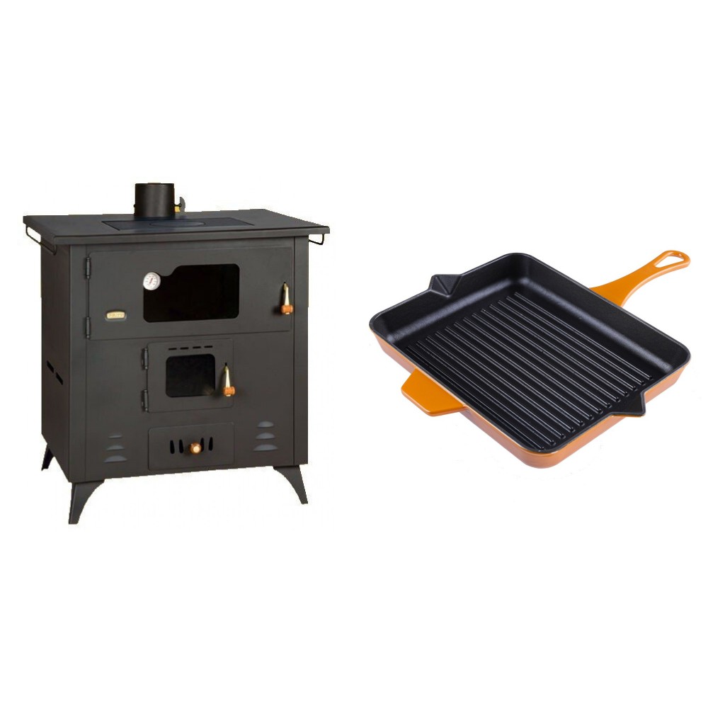 Set Küchenofen / Küchenhexe Prity mit Backofen und Kochplatte, Modell 1P50R, Leistung 14 kW, Füße + Emaillierte grillpfanne Gusseisen Solagio, Dijon, 26x32cm