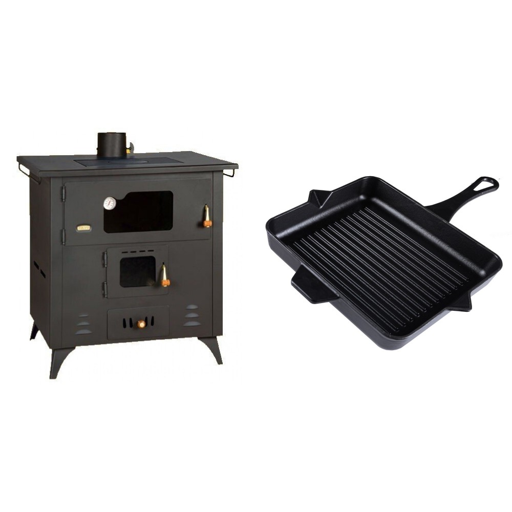 Set Küchenofen / Küchenhexe Prity mit Backofen und Kochplatte, Modell 1P50R, Leistung 14 kW, Füße + Emaillierte grillpfanne Gusseisen Solagio, Black Onyx, 26x32cm