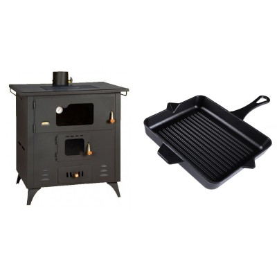 Set Küchenofen / Küchenhexe Prity mit Backofen und Kochplatte, Modell 1P50R, Leistung 14 kW, Füße + Emaillierte grillpfanne Gusseisen Solagio, Black Onyx, 26x32cm - Kaminofen - Holzofen mit Backfach