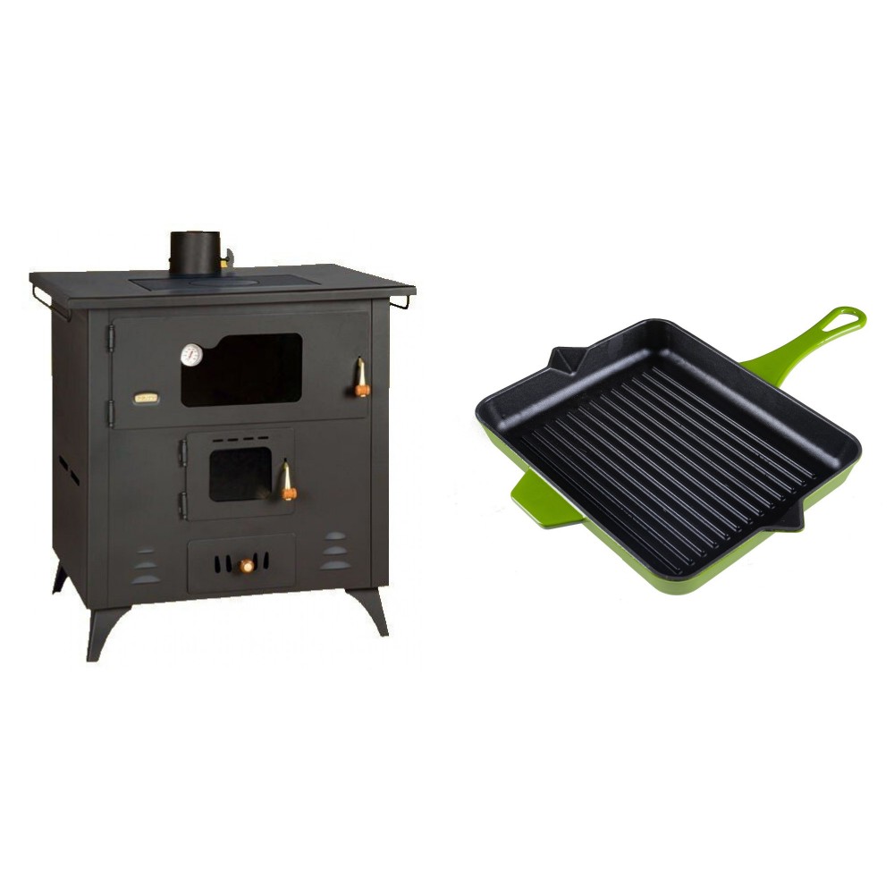 Set Küchenofen / Küchenhexe Prity mit Backofen und Kochplatte, Modell 1P50R, Leistung 14 kW, Füße + Emaillierte grillpfanne Gusseisen Solagio, Bamboo, 26x32cm | Kaminofen - Holzofen mit Backfach | Prity |