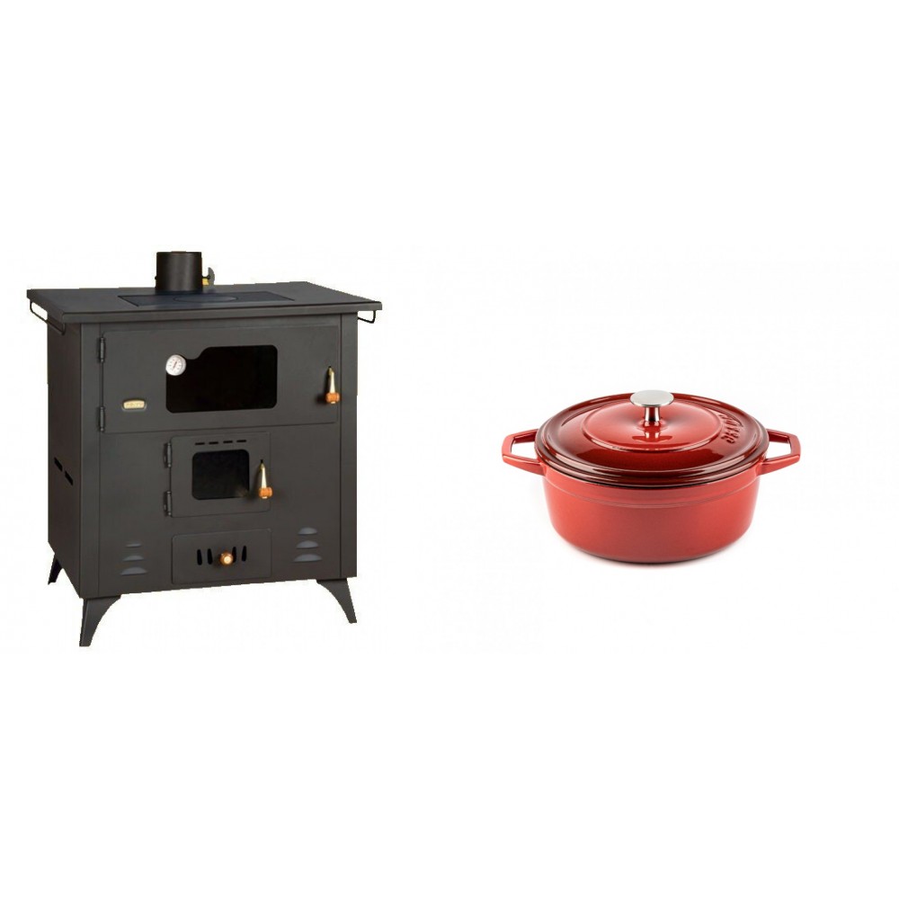 Set Küchenofen / Küchenhexe Prity mit Backofen und Kochplatte, Modell 1P50R, Leistung 14 kW, Füße + Gusseisen Topf Tiefer Solagio, Rubin, Ф12 | Kaminofen - Holzofen mit Backfach | Prity |