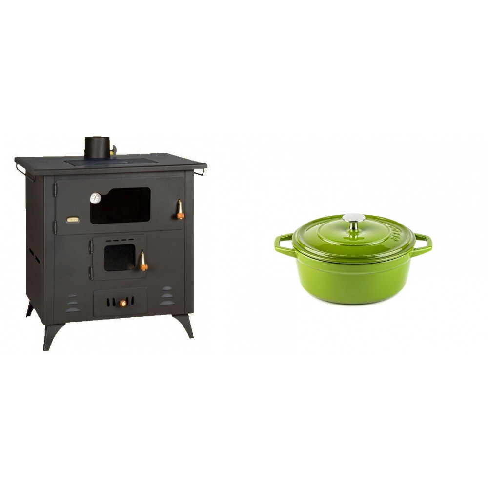 Set Küchenofen / Küchenhexe Prity mit Backofen und Kochplatte, Modell 1P50R, Leistung 14 kW, Füße + Gusseisen Topf Tiefer Solagio, Bamboo, Ф12