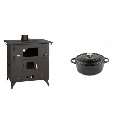 Set Küchenofen / Küchenhexe Prity mit Backofen und Kochplatte, Modell 1P50R, Leistung 14 kW, Füße + Gusseisen Topf Tiefer Solagio, Black Onyx, Ф12 - Kaminofen - Holzofen mit Backfach