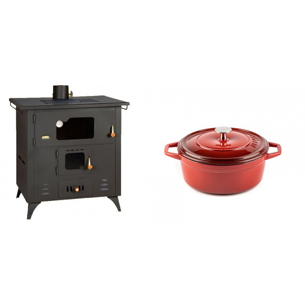 Set Küchenofen / Küchenhexe Prity mit Backofen und Kochplatte, Modell 1P50R, Leistung 14 kW, Füße + Gusseisen Topf Tiefer Solagio, Rubin, Ф20