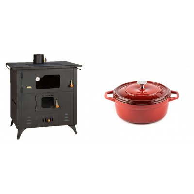 Set Küchenofen / Küchenhexe Prity mit Backofen und Kochplatte, Modell 1P50R, Leistung 14 kW, Füße + Gusseisen Topf Tiefer Solagio, Rubin, Ф20 - Kaminofen - Holzofen mit Backfach