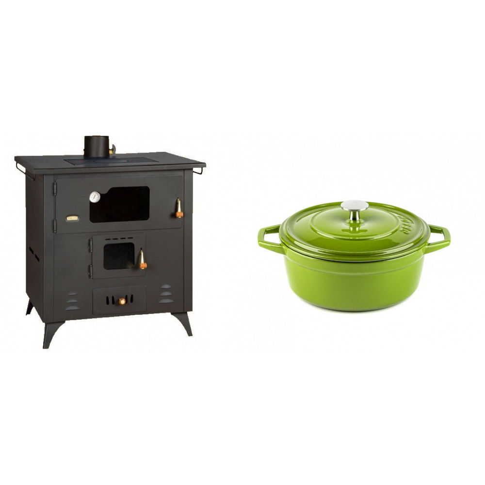 Set Küchenofen / Küchenhexe Prity mit Backofen und Kochplatte, Modell 1P50R, Leistung 14 kW, Füße + Gusseisen Topf Tiefer Solagio, Bamboo, Ф20 | Kaminofen - Holzofen mit Backfach | Prity |