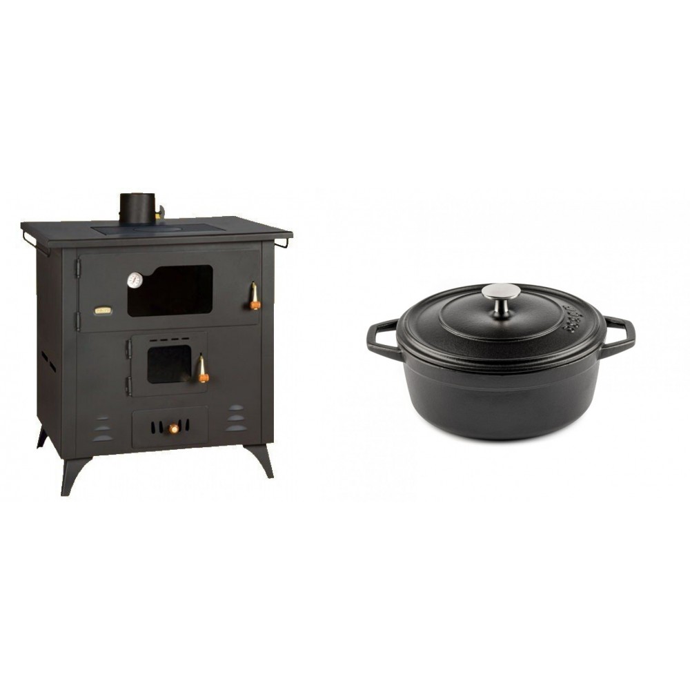 Set Küchenofen / Küchenhexe Prity mit Backofen und Kochplatte, Modell 1P50R, Leistung 14 kW, Füße + Gusseisen Topf Tiefer Solagio, Black Onyx, Ф20 | Kaminofen - Holzofen mit Backfach | Prity |