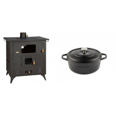Set Küchenofen / Küchenhexe Prity mit Backofen und Kochplatte, Modell 1P50R, Leistung 14 kW, Füße + Gusseisen Topf Tiefer Solagio, Black Onyx, Ф20 - Kaminofen - Holzofen mit Backfach