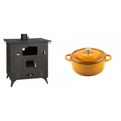 Set Küchenofen / Küchenhexe Prity mit Backofen und Kochplatte, Modell 1P50R, Leistung 14 kW, Füße + Gusseisen Topf Tiefer Solagio, Dijon, Ф20 - Kaminofen - Holzofen mit Backfach