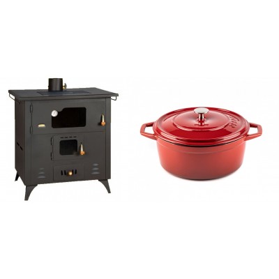 Set Küchenofen / Küchenhexe Prity mit Backofen und Kochplatte, Modell 1P50R, Leistung 14 kW, Füße + Gusseisen Topf Tiefer Solagio, Rubin, Ф24 - Kaminofen - Holzofen mit Backfach