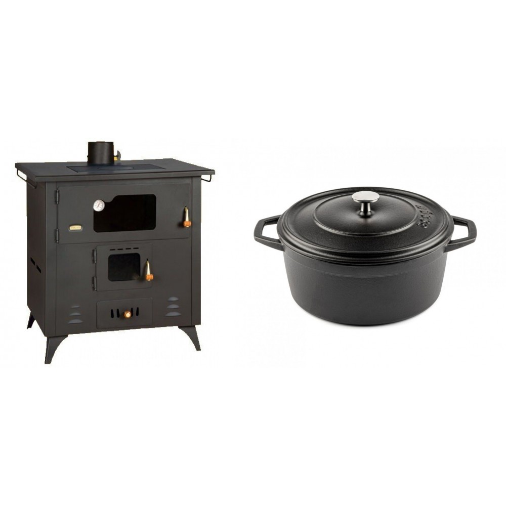 Set Küchenofen / Küchenhexe Prity mit Backofen und Kochplatte, Modell 1P50R, Leistung 14 kW, Füße + Gusseisen Topf Tiefer Solagio, Black Onyx, Ф24