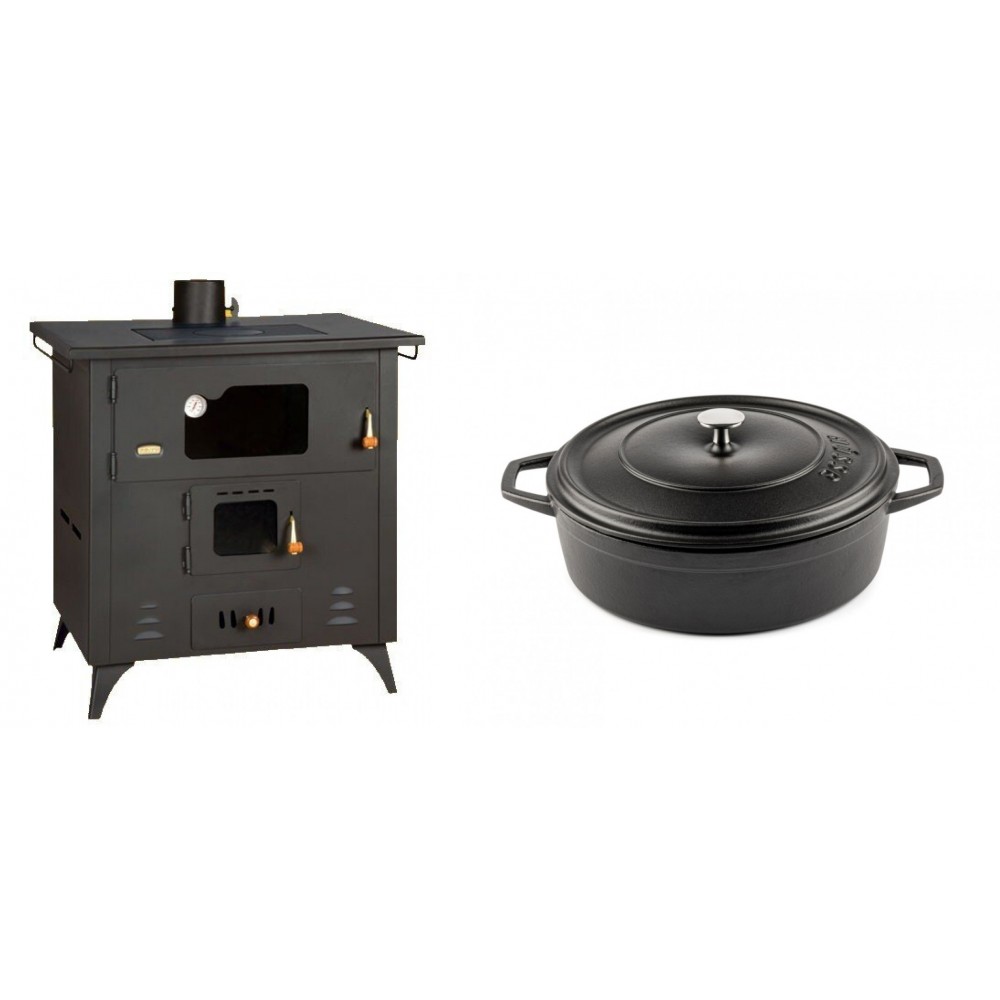 Set Küchenofen / Küchenhexe Prity mit Backofen und Kochplatte, Modell 1P50R, Leistung 14 kW, Füße + Gusseisen Topf Flach Solagio, Black Onyx, Ф26 | Kaminofen - Holzofen mit Backfach | Prity |