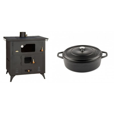 Set Küchenofen / Küchenhexe Prity mit Backofen und Kochplatte, Modell 1P50R, Leistung 14 kW, Füße + Gusseisen Topf Flach Solagio, Black Onyx, Ф26 - Kaminofen - Holzofen mit Backfach