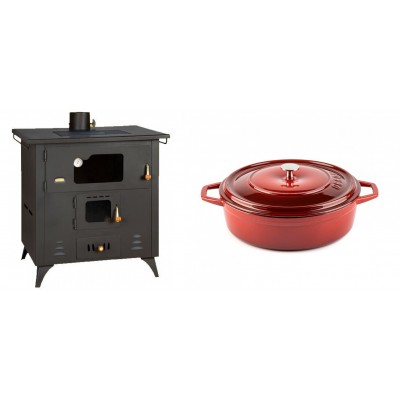 Set Küchenofen / Küchenhexe Prity mit Backofen und Kochplatte, Modell 1P50R, Leistung 14 kW, Füße + Gusseisen Topf Flach Solagio, Rubin, Ф26 - Kaminofen - Holzofen mit Backfach