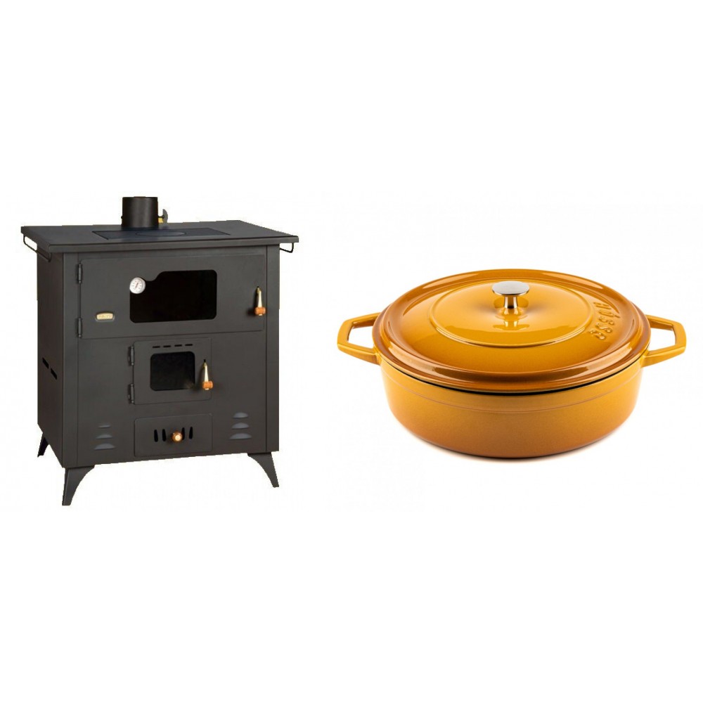 Set Küchenofen / Küchenhexe Prity mit Backofen und Kochplatte, Modell 1P50R, Leistung 14 kW, Füße + Gusseisen Topf Flach Solagio, Dijon, Ф28