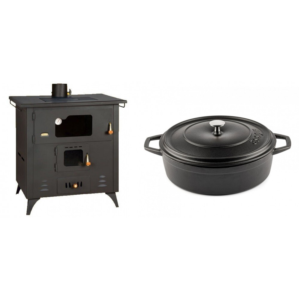 Set Küchenofen / Küchenhexe Prity mit Backofen und Kochplatte, Modell 1P50R, Leistung 14 kW, Füße + Gusseisen Topf Flach Solagio, Black Onyx, Ф28 | Kaminofen - Holzofen mit Backfach | Prity |