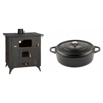 Set Küchenofen / Küchenhexe Prity mit Backofen und Kochplatte, Modell 1P50R, Leistung 14 kW, Füße + Gusseisen Topf Flach Solagio, Black Onyx, Ф28 - Kaminofen - Holzofen mit Backfach