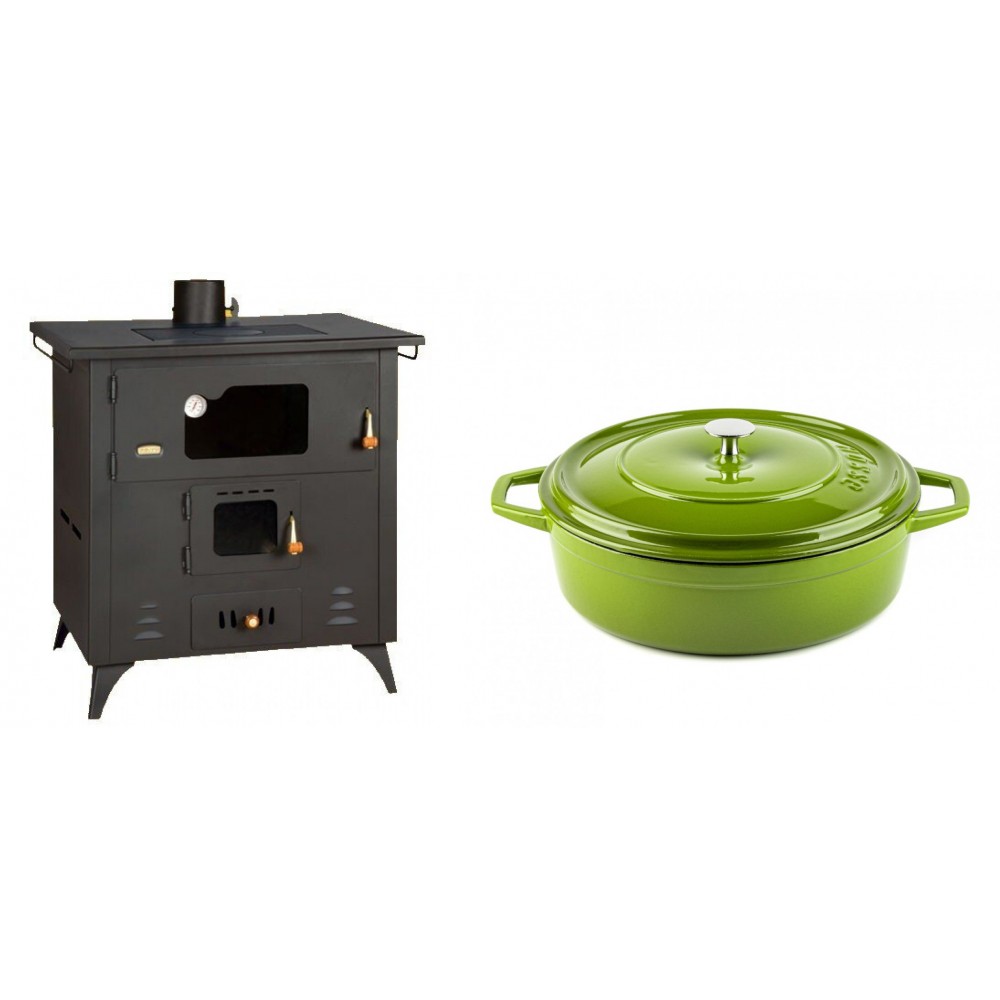 Set Küchenofen / Küchenhexe Prity mit Backofen und Kochplatte, Modell 1P50R, Leistung 14 kW, Füße + Gusseisen Topf Flach Solagio, Bamboo, Ф28