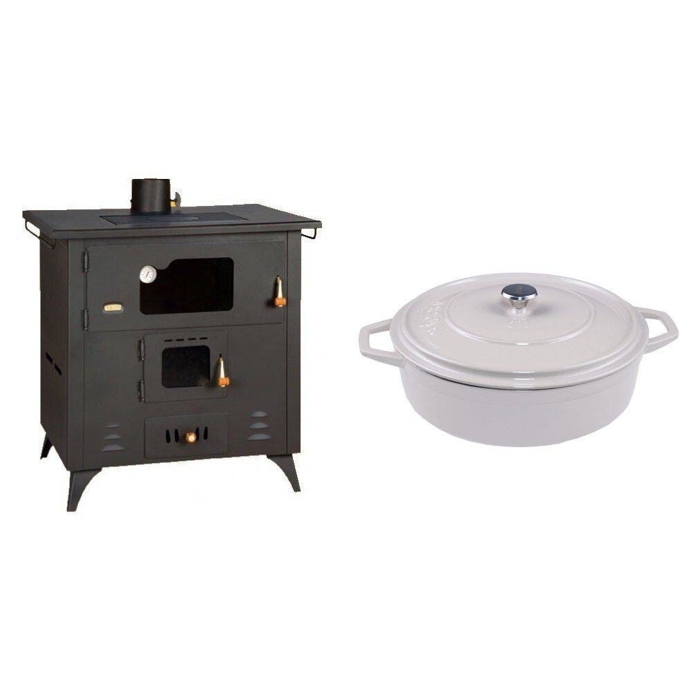 Set Küchenofen / Küchenhexe Prity mit Backofen und Kochplatte, Modell 1P50R, Leistung 14 kW, Füße + Gusseisen Topf Flach Solagio, Ivory, Ф28 | Kaminofen - Holzofen mit Backfach | Prity |