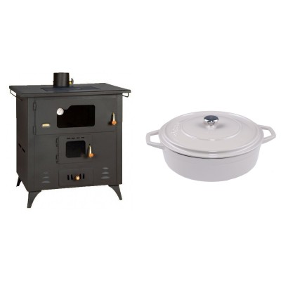 Set Küchenofen / Küchenhexe Prity mit Backofen und Kochplatte, Modell 1P50R, Leistung 14 kW, Füße + Gusseisen Topf Flach Solagio, Ivory, Ф28 - Kaminofen - Holzofen mit Backfach