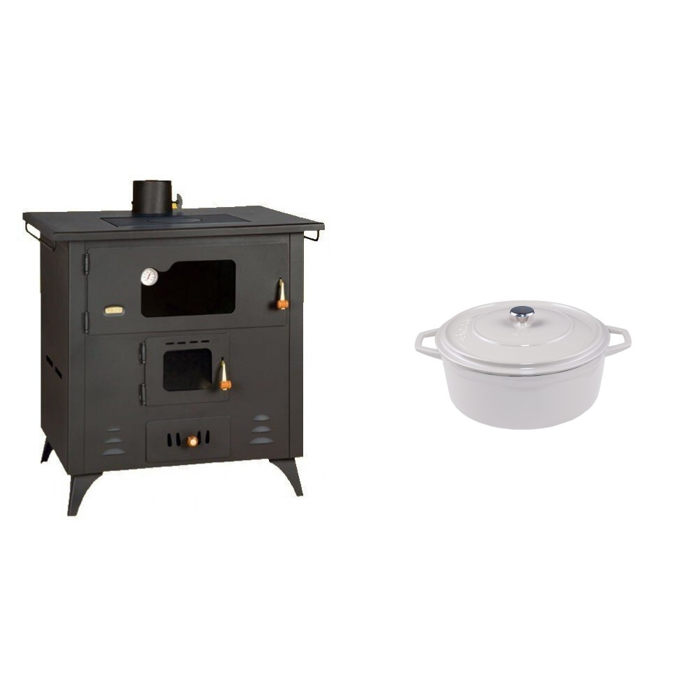 Set Küchenofen / Küchenhexe Prity mit Backofen und Kochplatte, Modell 1P50R, Leistung 14 kW, Füße + Gusseisen Topf Tiefer Solagio, Ivory, Ф12